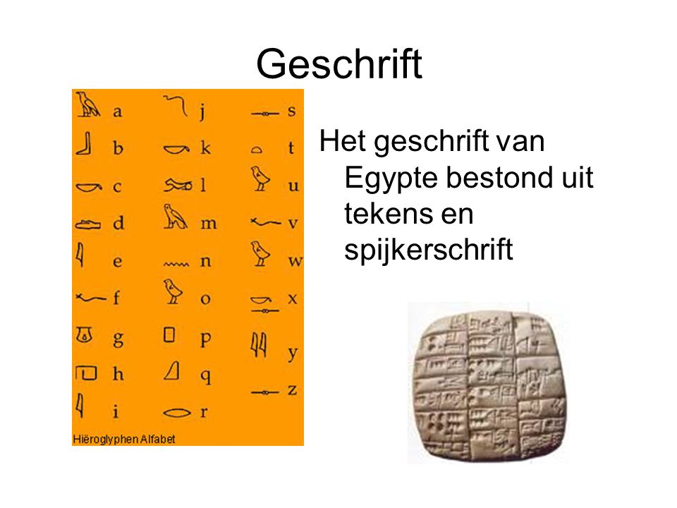 Geschrift Het geschrift van Egypte bestond uit tekens en spijkerschrift