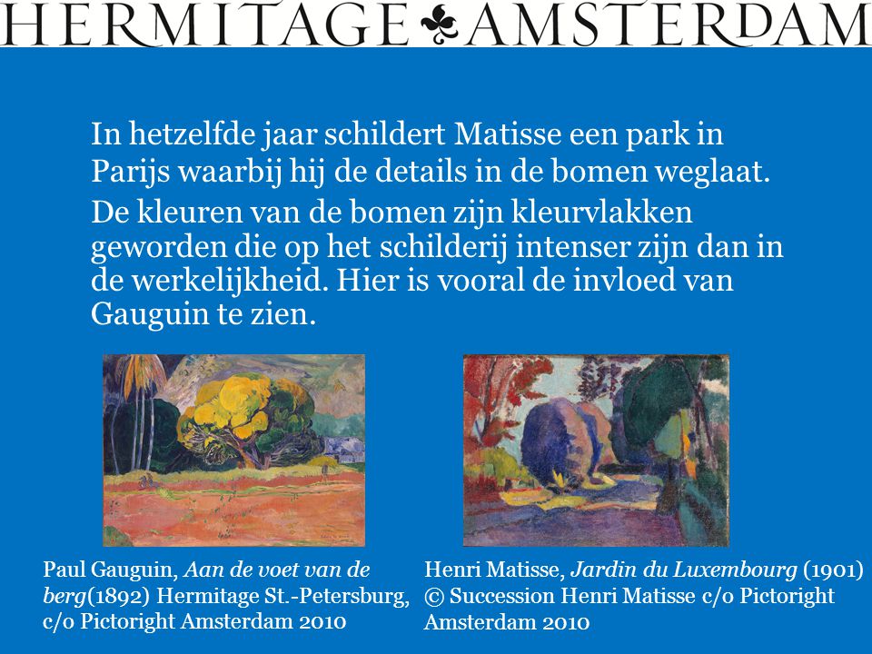 In hetzelfde jaar schildert Matisse een park in Parijs waarbij hij de details in de bomen weglaat.