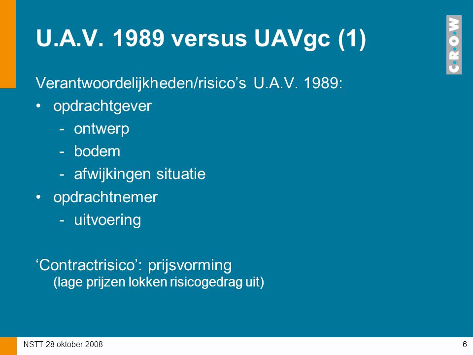 U.A.V versus UAVgc (1) Verantwoordelijkheden/risico’s U.A.V. 1989: opdrachtgever. ontwerp. bodem.