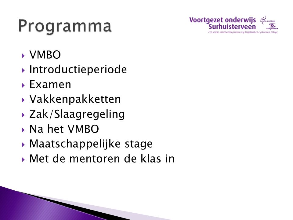 Programma VMBO Introductieperiode Examen Vakkenpakketten