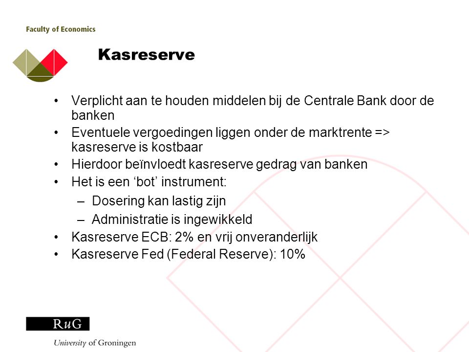 Kasreserve Verplicht aan te houden middelen bij de Centrale Bank door de banken.