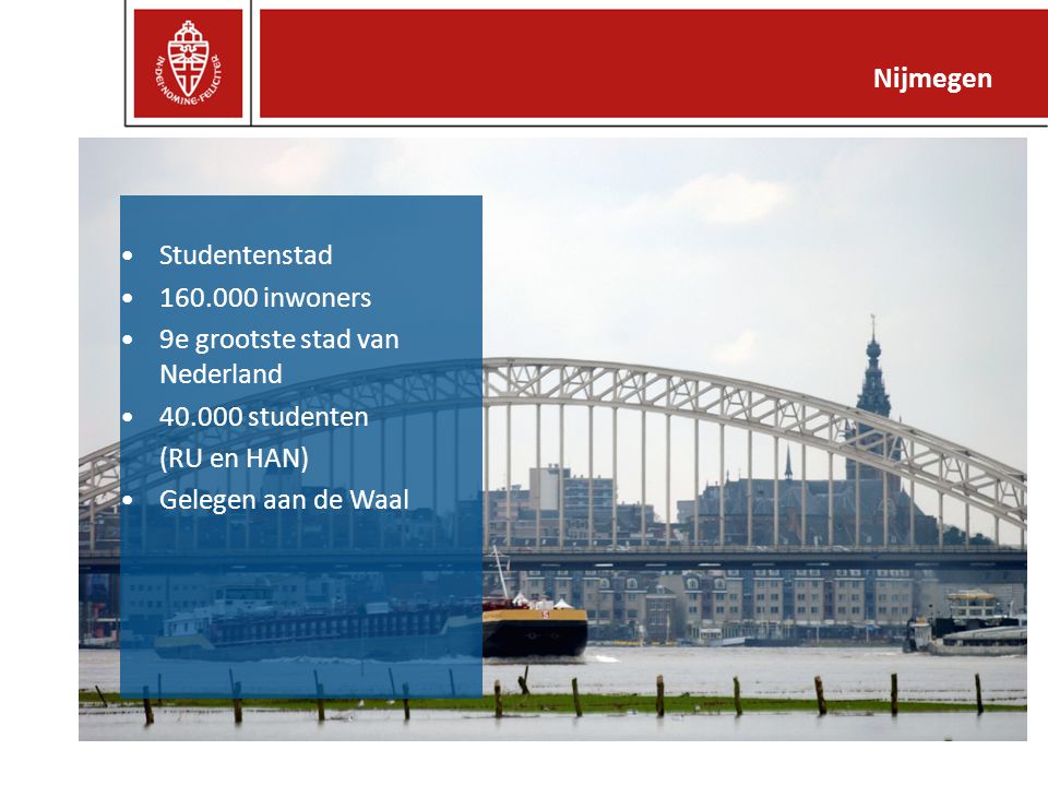 Nijmegen Studentenstad inwoners. 9e grootste stad van Nederland studenten. (RU en HAN)