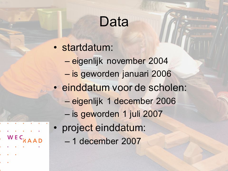 Data startdatum: einddatum voor de scholen: project einddatum: