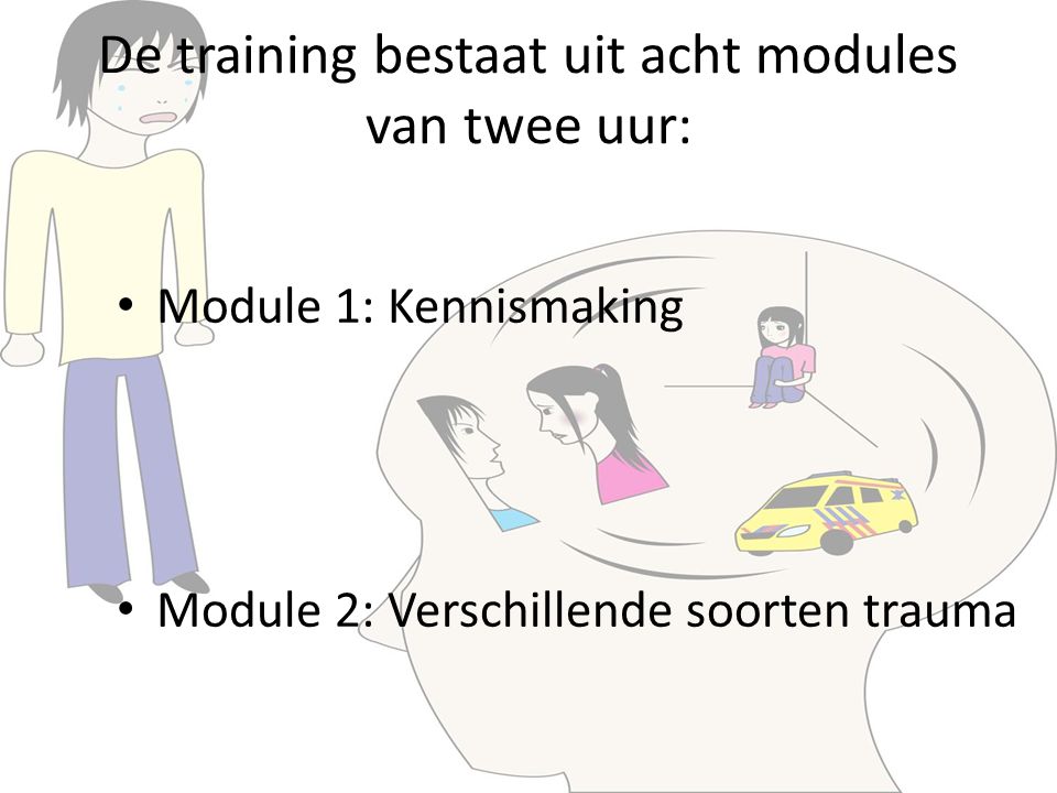 De training bestaat uit acht modules van twee uur: