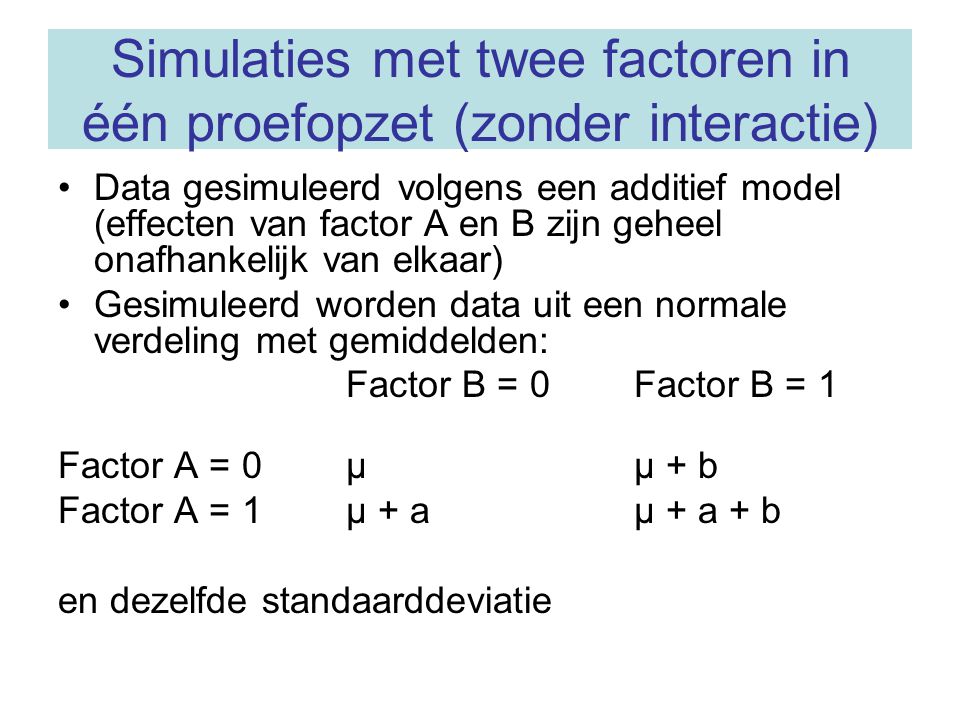 Simulaties met twee factoren in één proefopzet (zonder interactie)