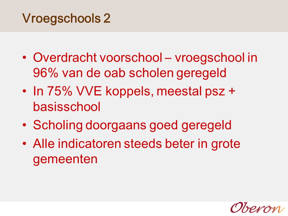 Vroegschools 2 Overdracht voorschool – vroegschool in 96% van de oab scholen geregeld. In 75% VVE koppels, meestal psz + basisschool.