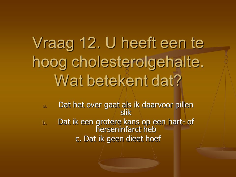 Vraag 12. U heeft een te hoog cholesterolgehalte. Wat betekent dat