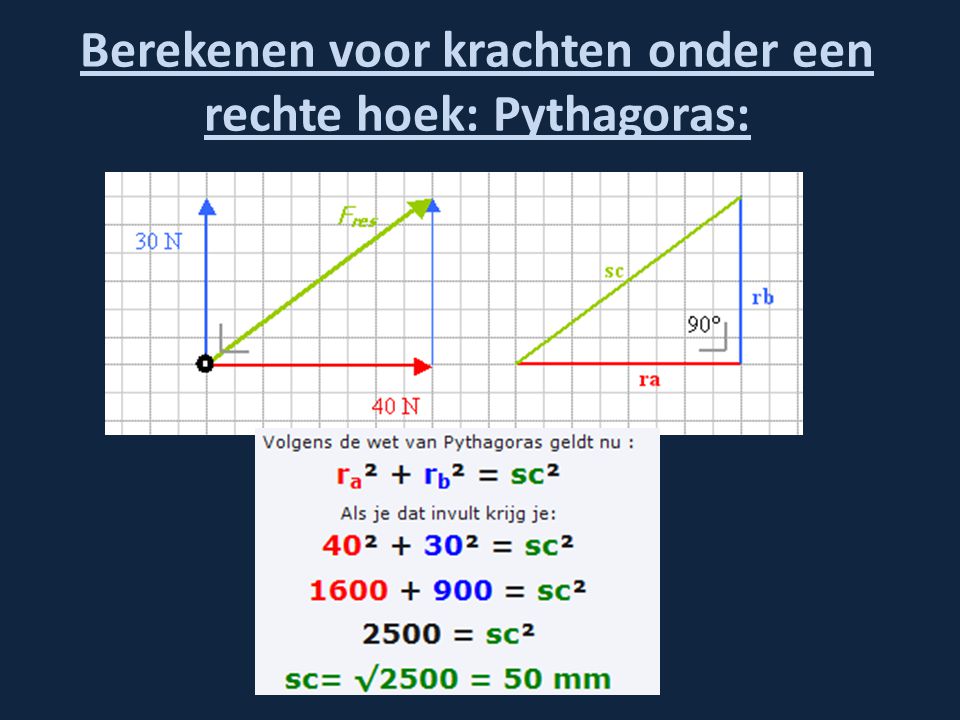 Berekenen voor krachten onder een rechte hoek: Pythagoras: