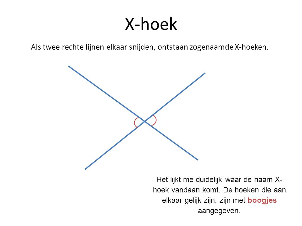 Als twee rechte lijnen elkaar snijden, ontstaan zogenaamde X-hoeken.