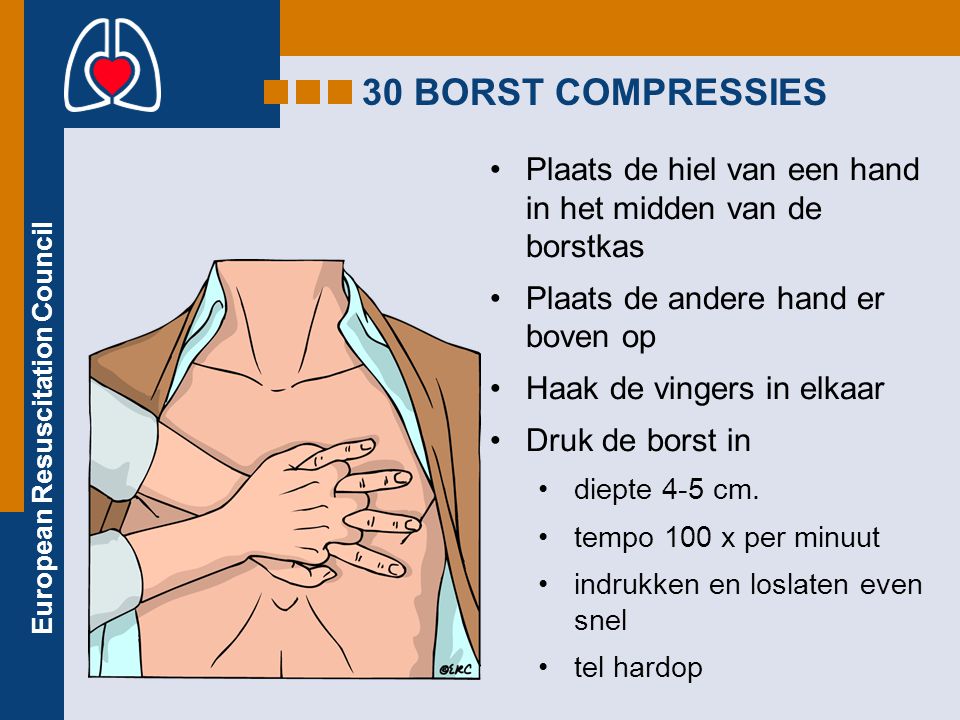 30 BORST COMPRESSIES Plaats de hiel van een hand in het midden van de borstkas. Plaats de andere hand er boven op.