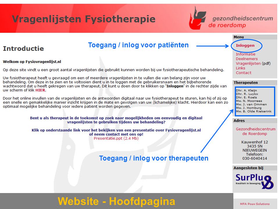 Website - Hoofdpagina Toegang / inlog voor patiënten