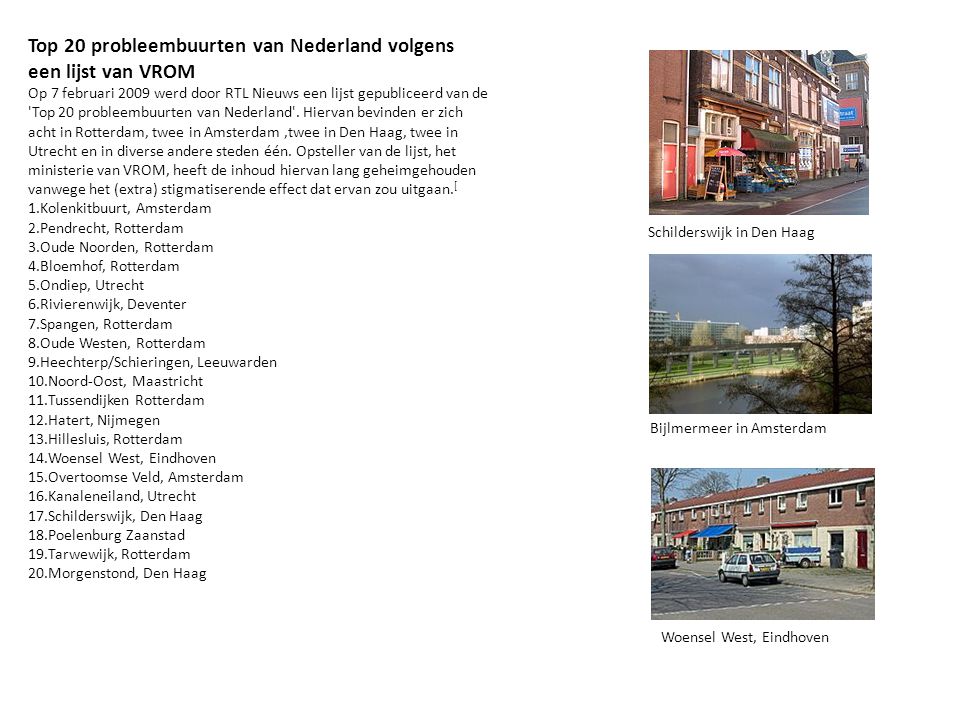 Top 20 probleembuurten van Nederland volgens een lijst van VROM