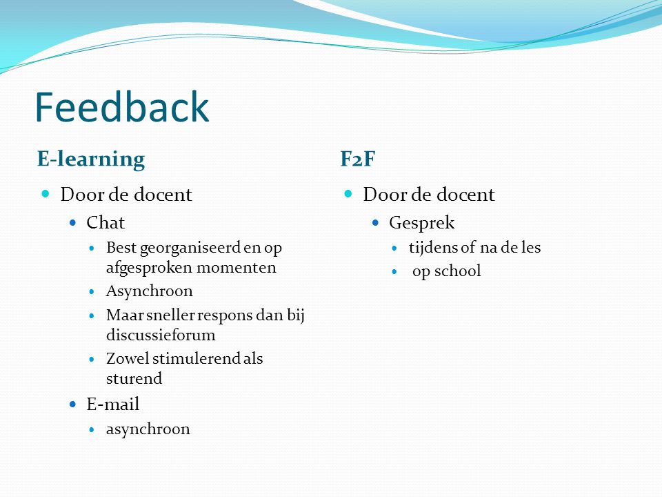 Feedback E-learning F2F Door de docent Door de docent Chat