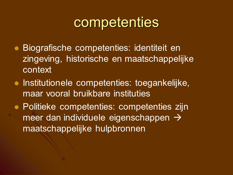 competenties Biografische competenties: identiteit en zingeving, historische en maatschappelijke context.