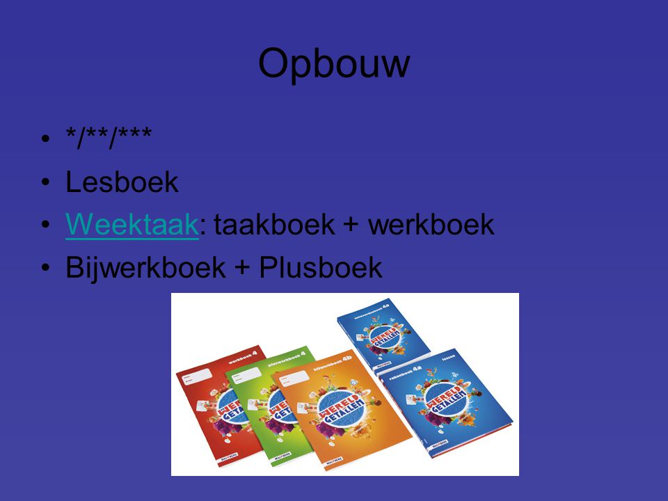 Opbouw */**/*** Lesboek Weektaak: taakboek + werkboek