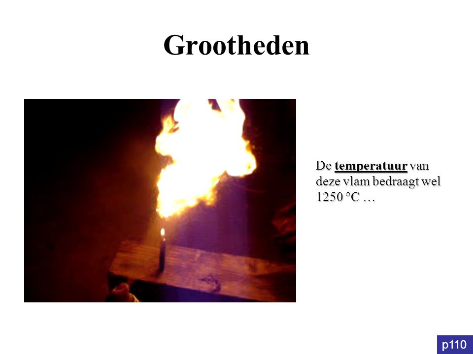 Grootheden De temperatuur van deze vlam bedraagt wel 1250 °C … p110