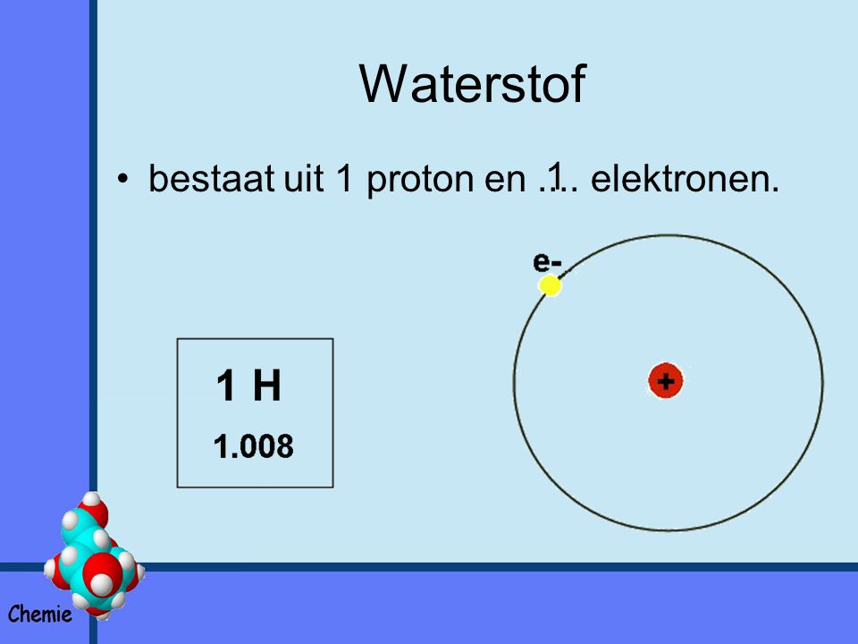 Waterstof bestaat uit 1 proton en .... elektronen. 1