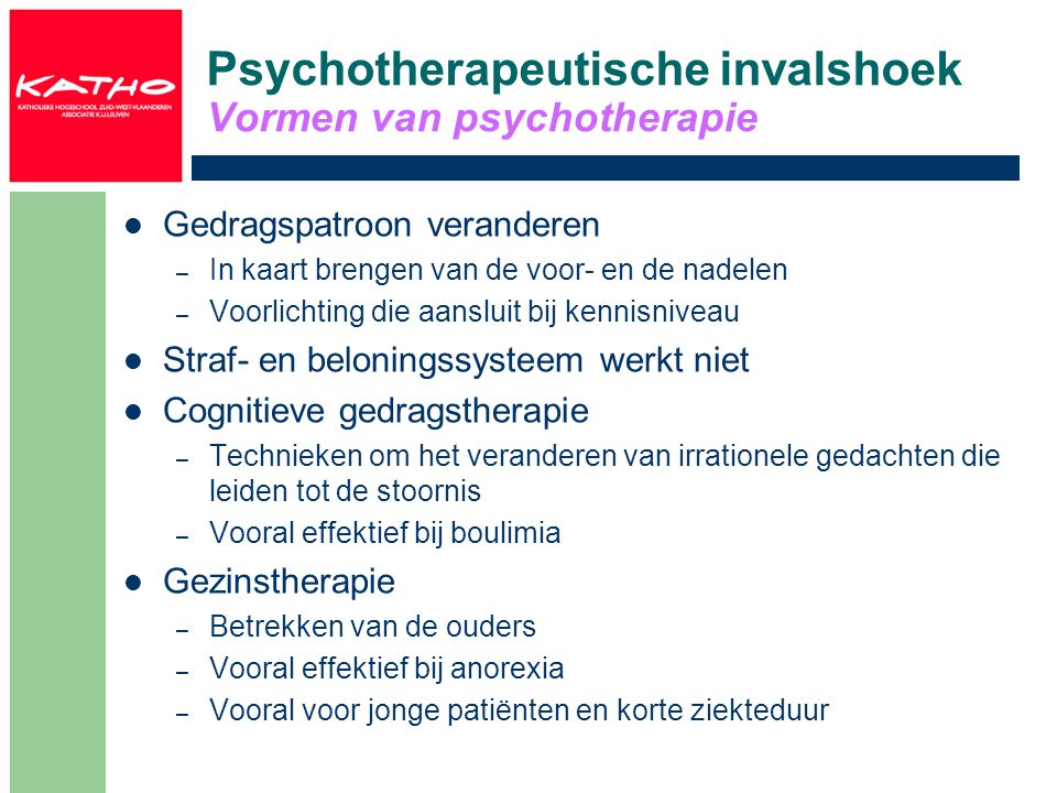 Psychotherapeutische invalshoek Vormen van psychotherapie