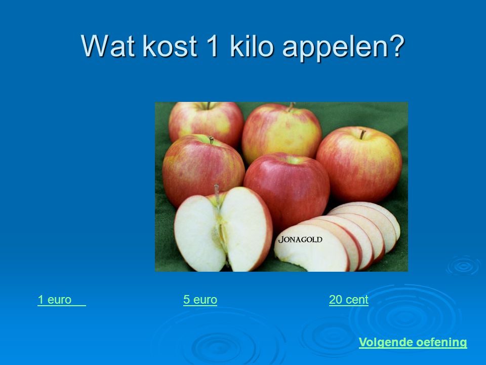 Wat kost 1 kilo appelen 1 euro 5 euro 20 cent Volgende oefening