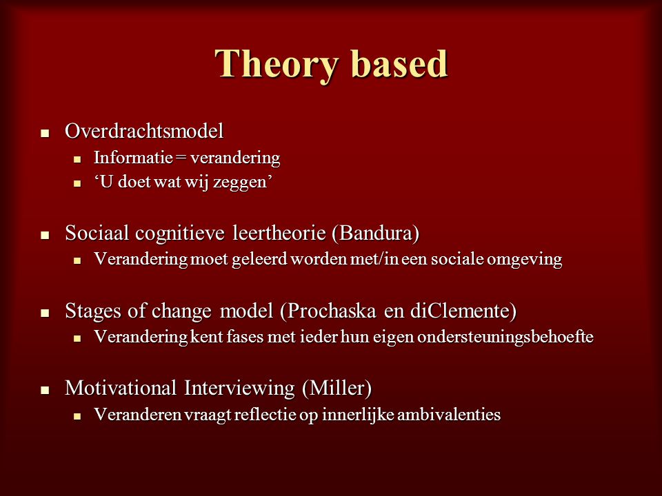 Theory based Overdrachtsmodel Sociaal cognitieve leertheorie (Bandura)