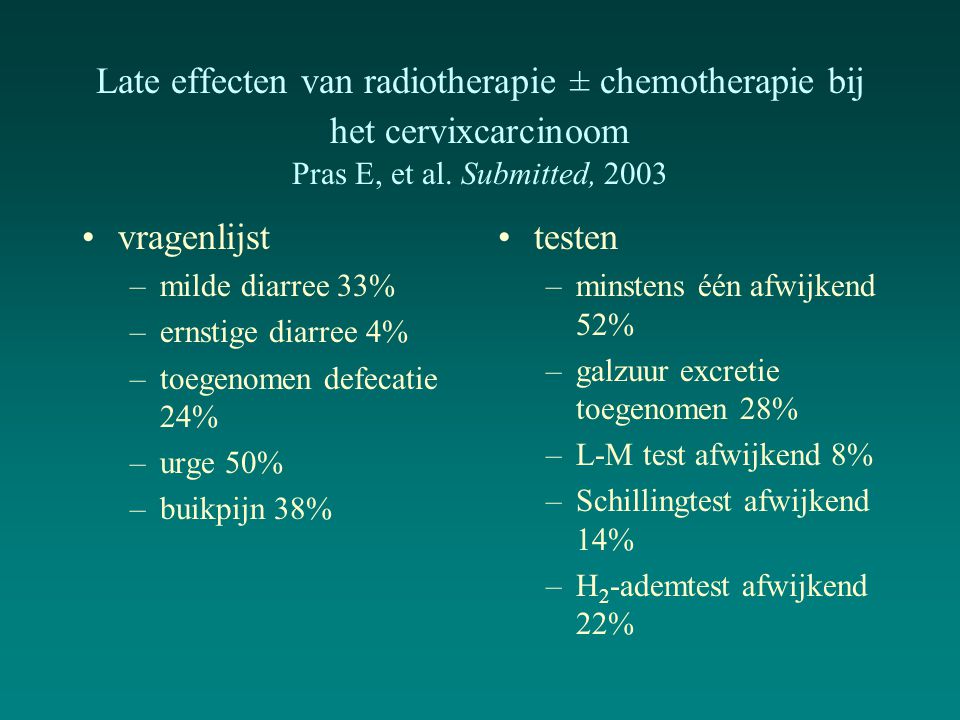Late effecten van radiotherapie ± chemotherapie bij het cervixcarcinoom Pras E, et al. Submitted, 2003