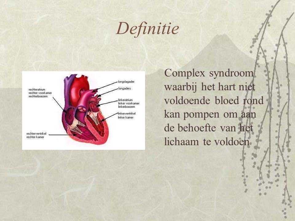 Definitie Complex syndroom waarbij het hart niet voldoende bloed rond kan pompen om aan de behoefte van het lichaam te voldoen.
