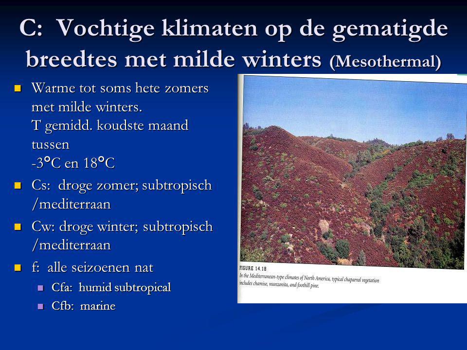 C: Vochtige klimaten op de gematigde breedtes met milde winters (Mesothermal)