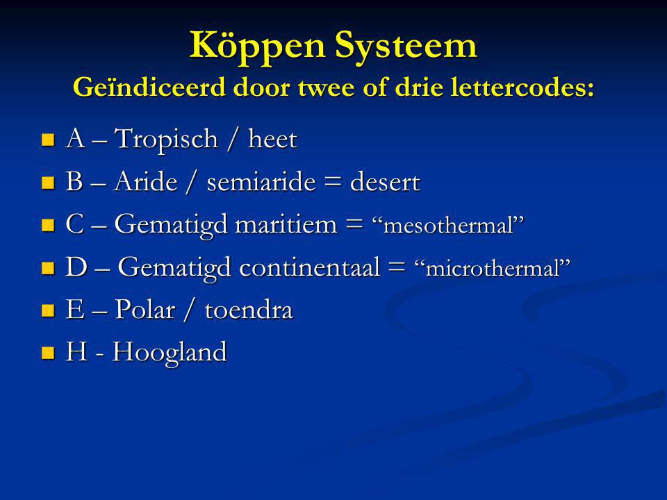 Köppen Systeem Geïndiceerd door twee of drie lettercodes: