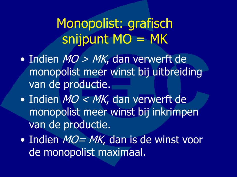 Monopolist: grafisch snijpunt MO = MK