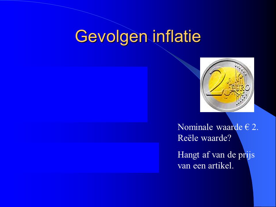 Gevolgen inflatie Van dezelfde hoeveelheid geld kan minder gekocht worden. Nominale waarde € 2. Reële waarde