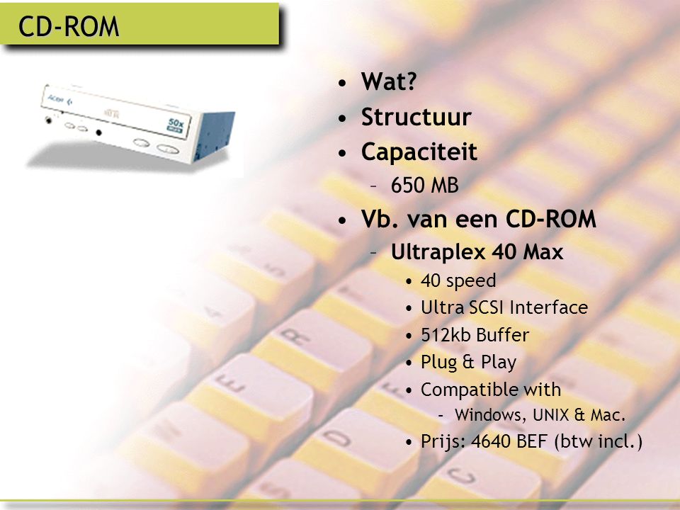 CD-ROM Wat Structuur Capaciteit Vb. van een CD-ROM 650 MB