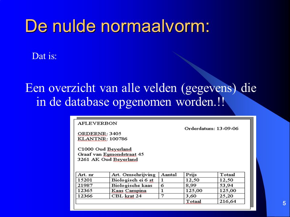 De nulde normaalvorm: Dat is: Een overzicht van alle velden (gegevens) die in de database opgenomen worden.!!
