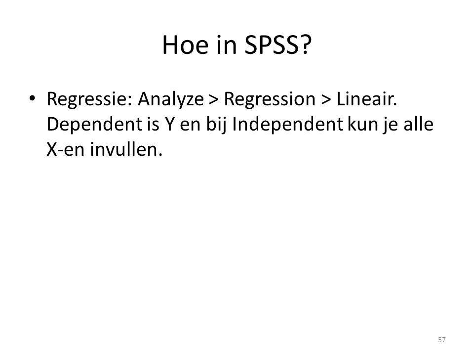Hoe in SPSS. Regressie: Analyze > Regression > Lineair.