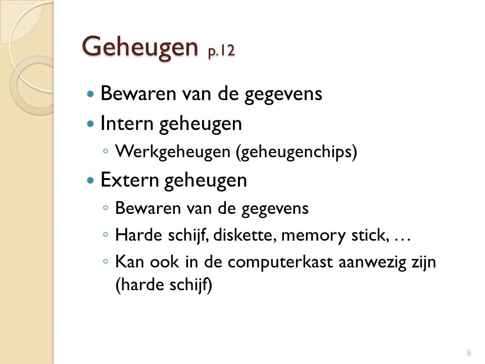 Geheugen p.12 Bewaren van de gegevens Intern geheugen Extern geheugen