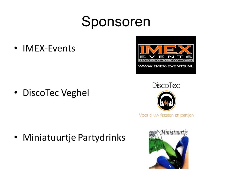 Sponsoren IMEX-Events DiscoTec Veghel Miniatuurtje Partydrinks
