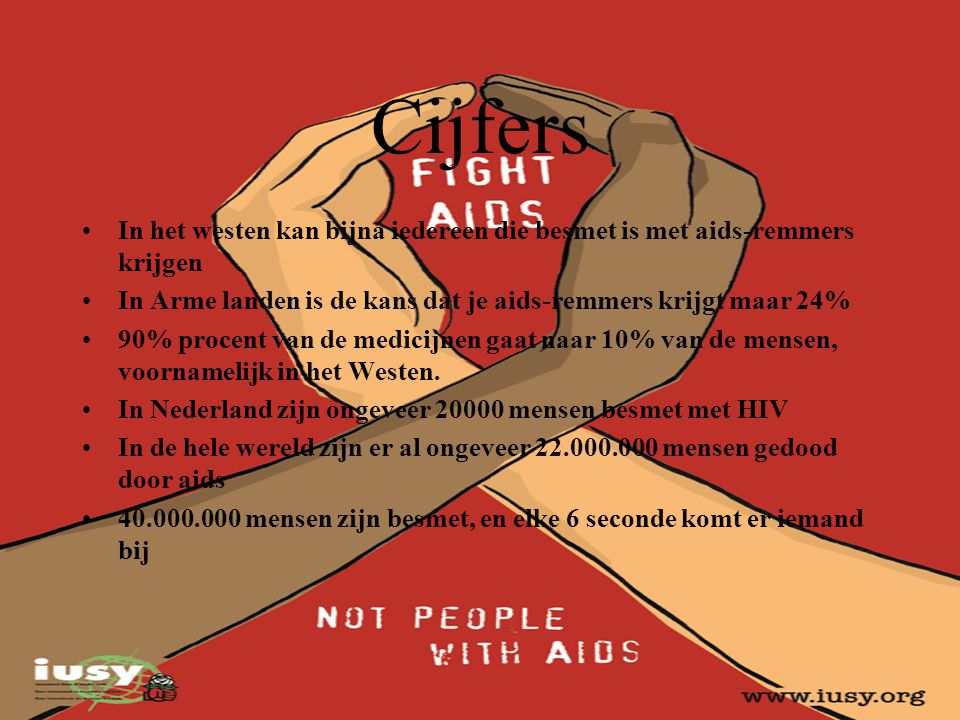 Cijfers In het westen kan bijna iedereen die besmet is met aids-remmers krijgen. In Arme landen is de kans dat je aids-remmers krijgt maar 24%