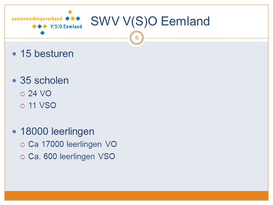 SWV V(S)O Eemland 15 besturen 35 scholen leerlingen 24 VO 11 VSO