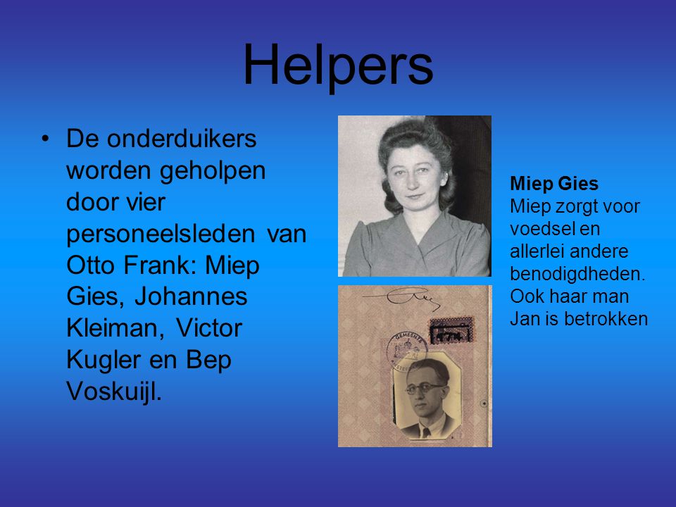 Helpers De onderduikers worden geholpen door vier personeelsleden van Otto Frank: Miep Gies, Johannes Kleiman, Victor Kugler en Bep Voskuijl.