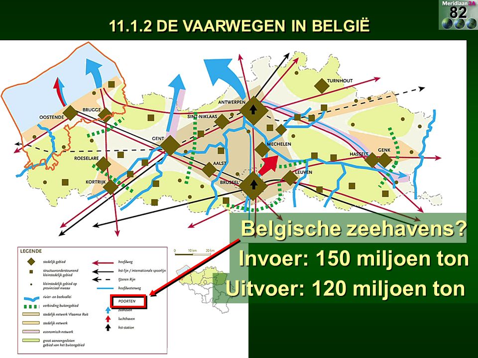 Belgische zeehavens Invoer: 150 miljoen ton Uitvoer: 120 miljoen ton