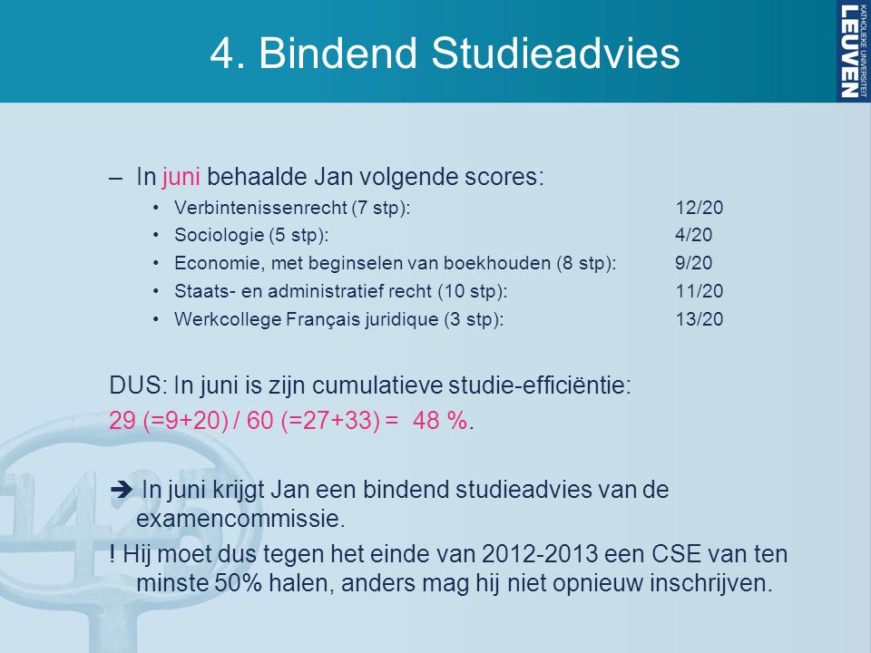 4. Bindend Studieadvies In juni behaalde Jan volgende scores: