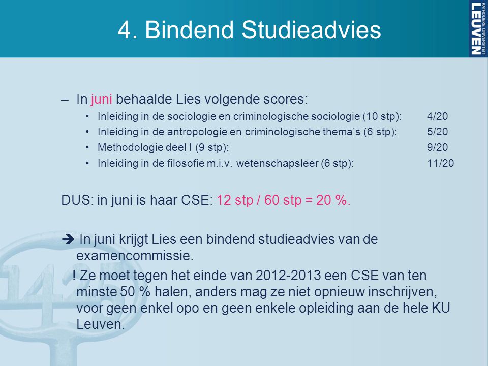 4. Bindend Studieadvies In juni behaalde Lies volgende scores: