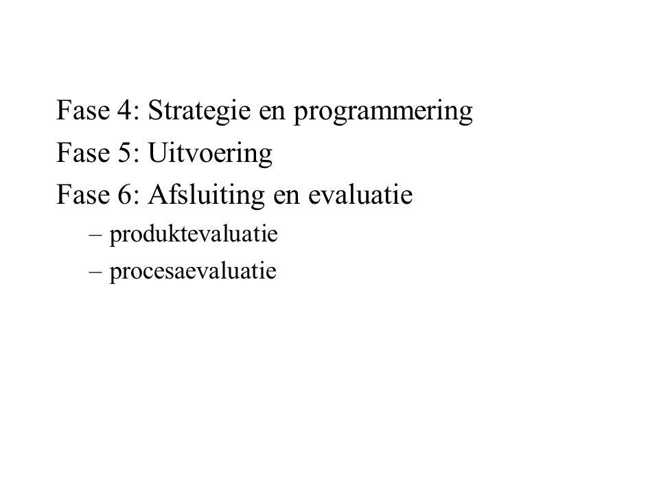 Fase 4: Strategie en programmering Fase 5: Uitvoering