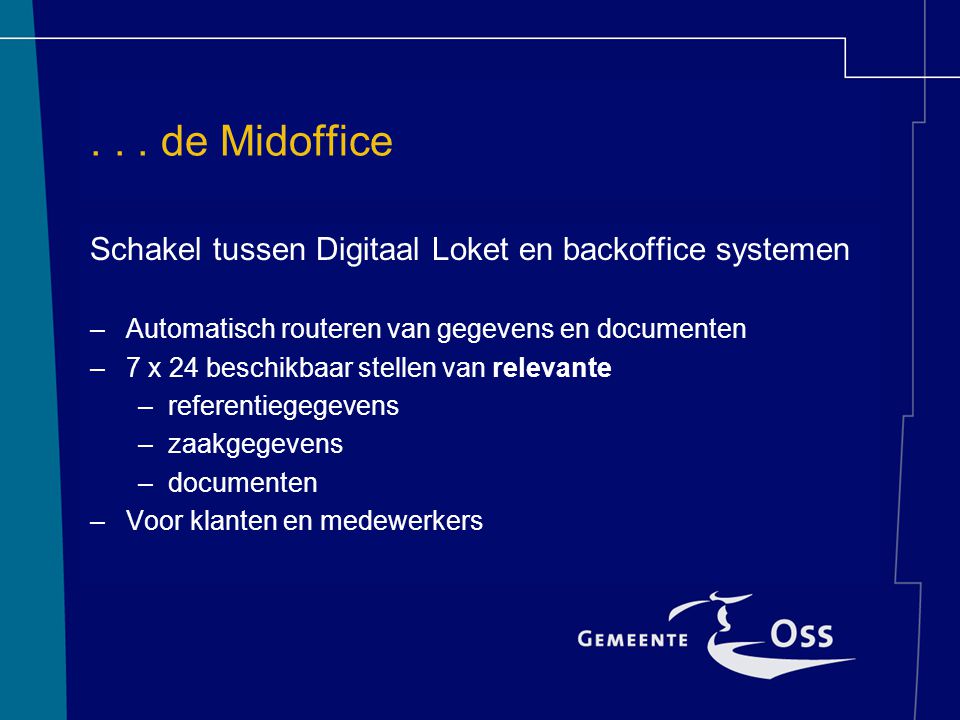 . . . de Midoffice Schakel tussen Digitaal Loket en backoffice systemen. Automatisch routeren van gegevens en documenten.