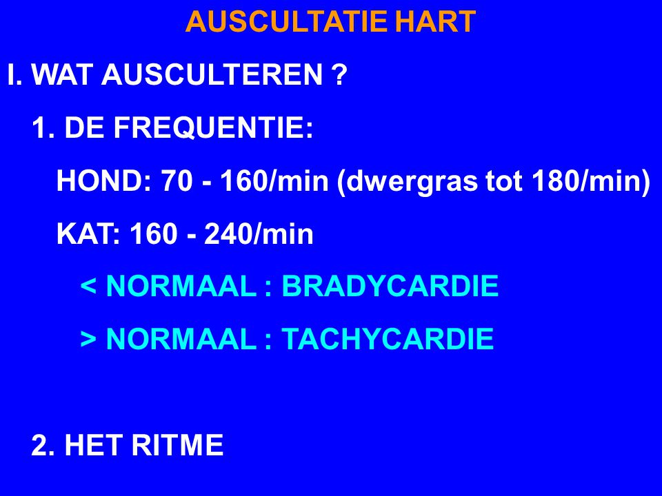 AUSCULTATIE HART I. WAT AUSCULTEREN 1. DE FREQUENTIE: HOND: /min (dwergras tot 180/min)