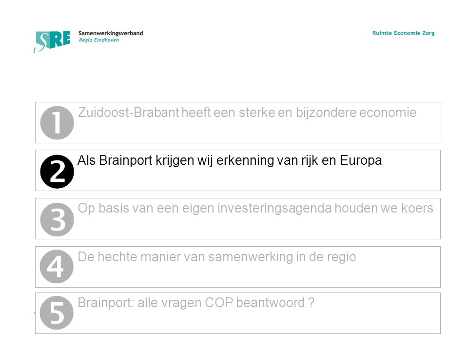 Inhoud  Zuidoost-Brabant heeft een sterke en bijzondere economie.  Als Brainport krijgen wij erkenning van rijk en Europa.