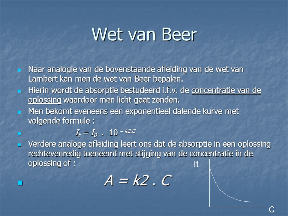 Wet van Beer Naar analogie van de bovenstaande afleiding van de wet van Lambert kan men de wet van Beer bepalen.