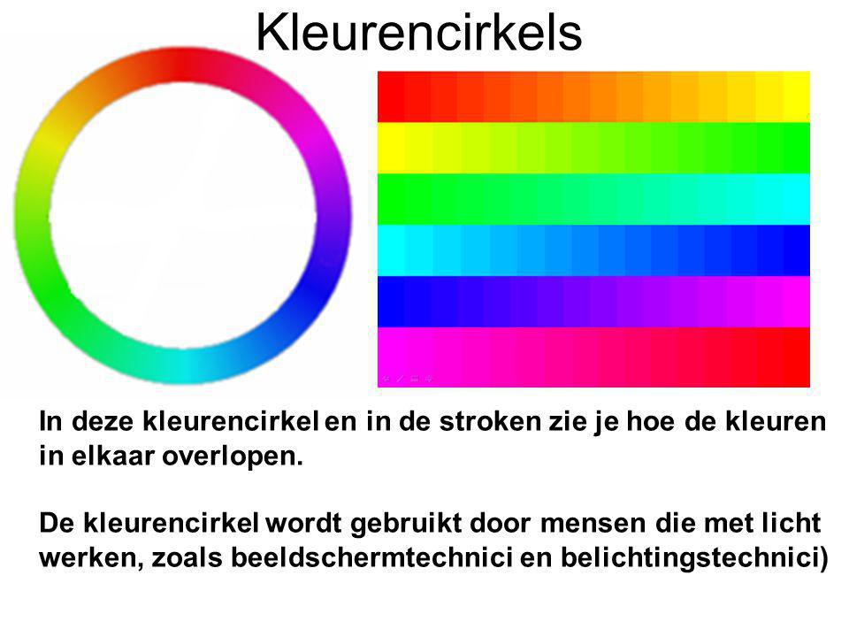 Kleurencirkels In deze kleurencirkel en in de stroken zie je hoe de kleuren in elkaar overlopen.