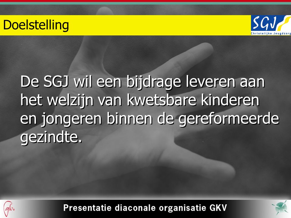 Doelstelling De SGJ wil een bijdrage leveren aan het welzijn van kwetsbare kinderen en jongeren binnen de gereformeerde gezindte.