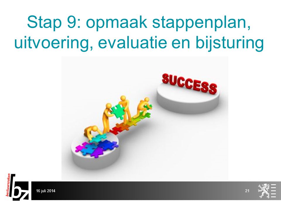 Stap 9: opmaak stappenplan, uitvoering, evaluatie en bijsturing