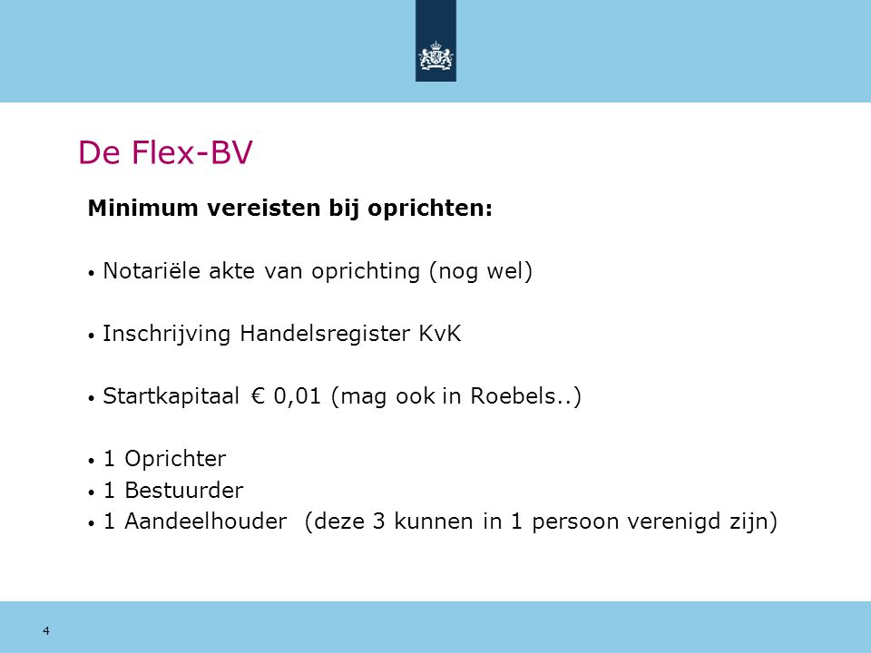 De Flex-BV Minimum vereisten bij oprichten: